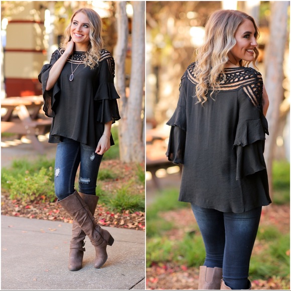 ✨LAST ONE✨Black Grecian Ruffle Sleeve Top - Picture 2 of 4